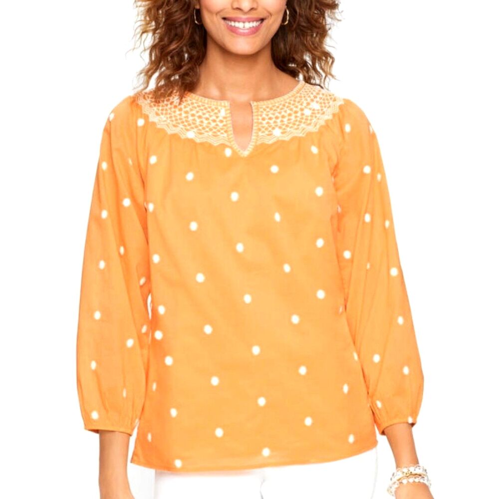 Talbots Embroidered Smock Top Womens 2X Lined 3/4 Sleeve Cotton Sunrise Dot